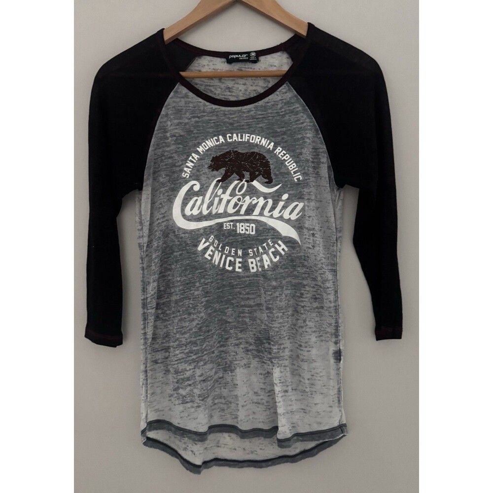 Popular Basics Gray/Black/Maroon Raglan 3/4 Sleeve Thin "California" Graphic